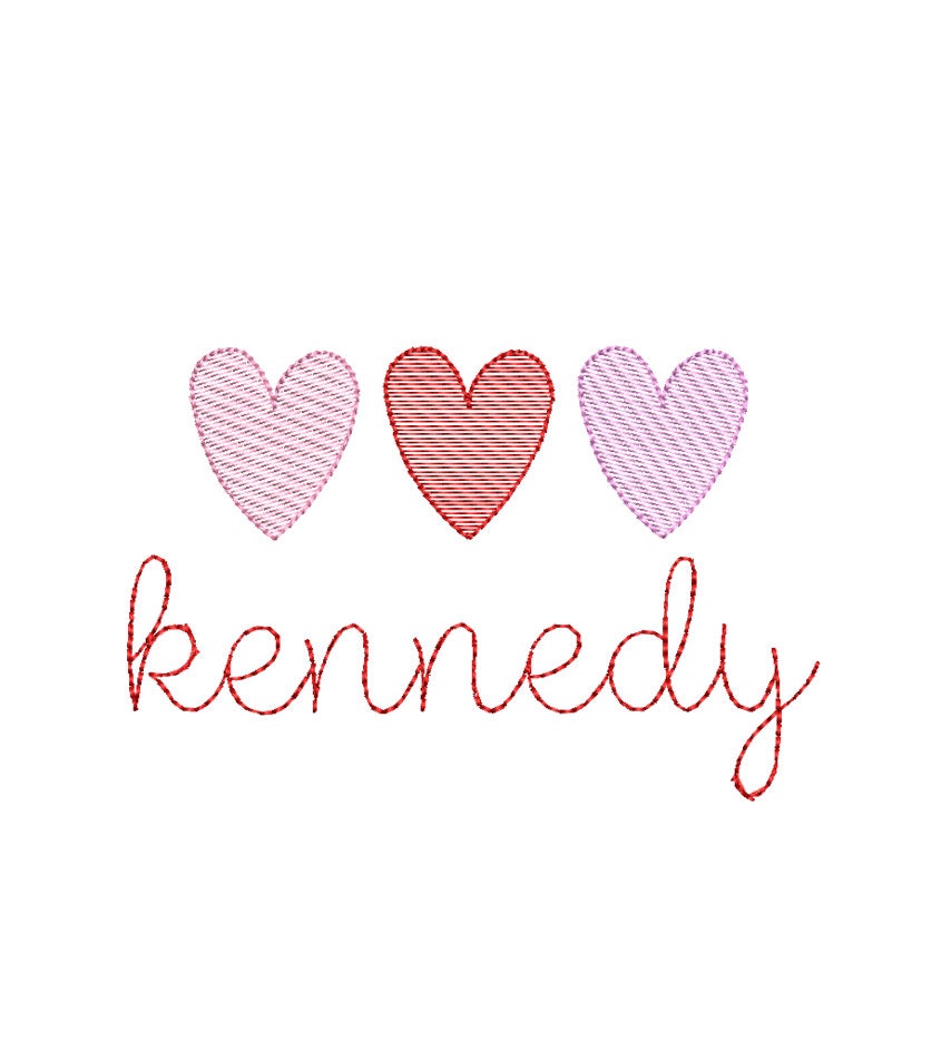Heart Trio Sketch Classic Machine Embroidery Design Three Color Quick Stitch PES DST JEF Digital Download