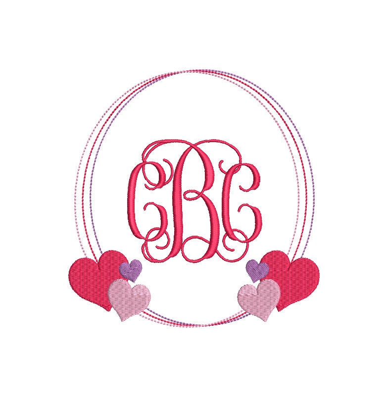Monogram Frame Hearts Bean Stitch Classic Preppy Machine Embroidery Design 3 Sizes