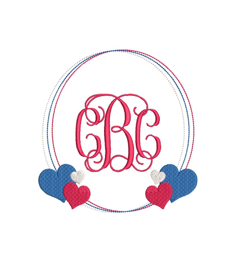 Monogram Frame Hearts Bean Stitch Classic Preppy Machine Embroidery Design 3 Sizes