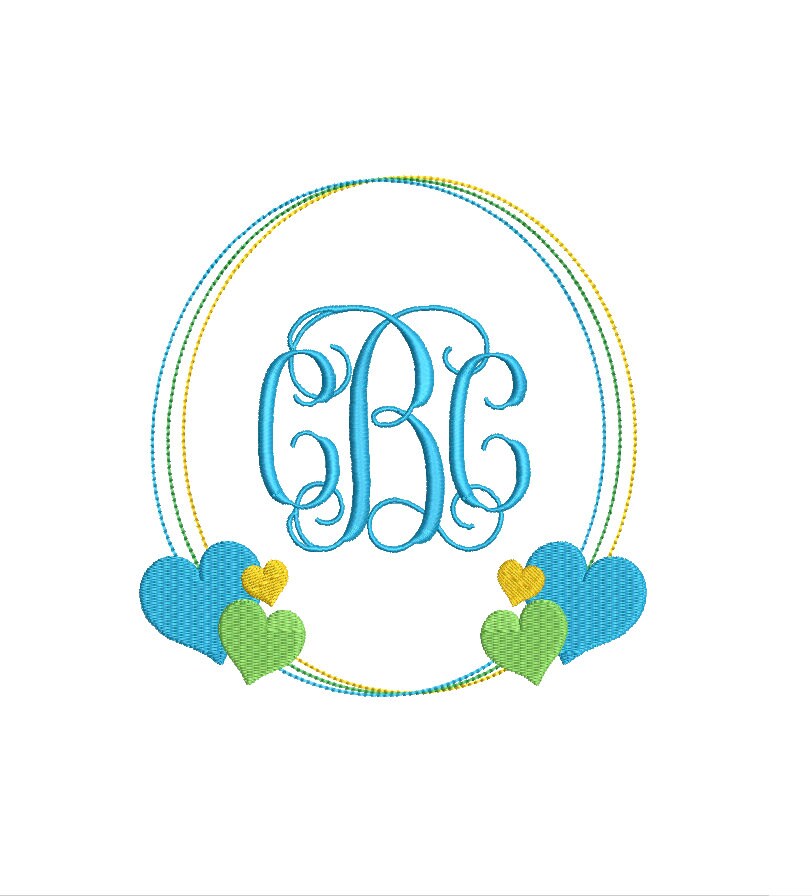 Monogram Frame Hearts Bean Stitch Classic Preppy Machine Embroidery Design 3 Sizes