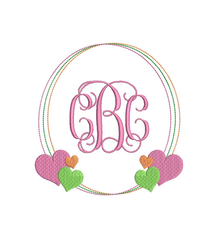 Monogram Frame Hearts Bean Stitch Classic Preppy Machine Embroidery Design 3 Sizes