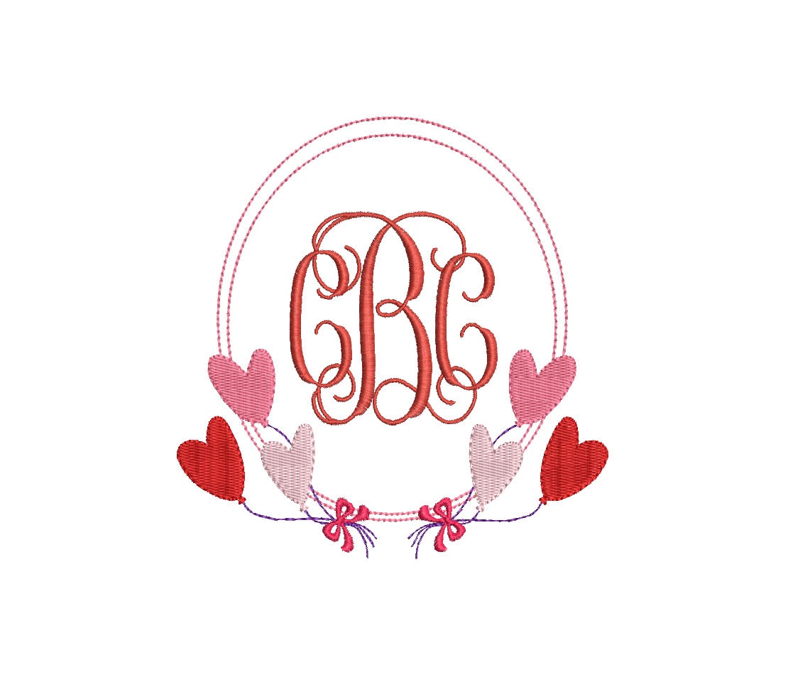 Monogram Frame Boho Heart Balloons Machine Embroidery Design 3 Sizes Classic Preppy