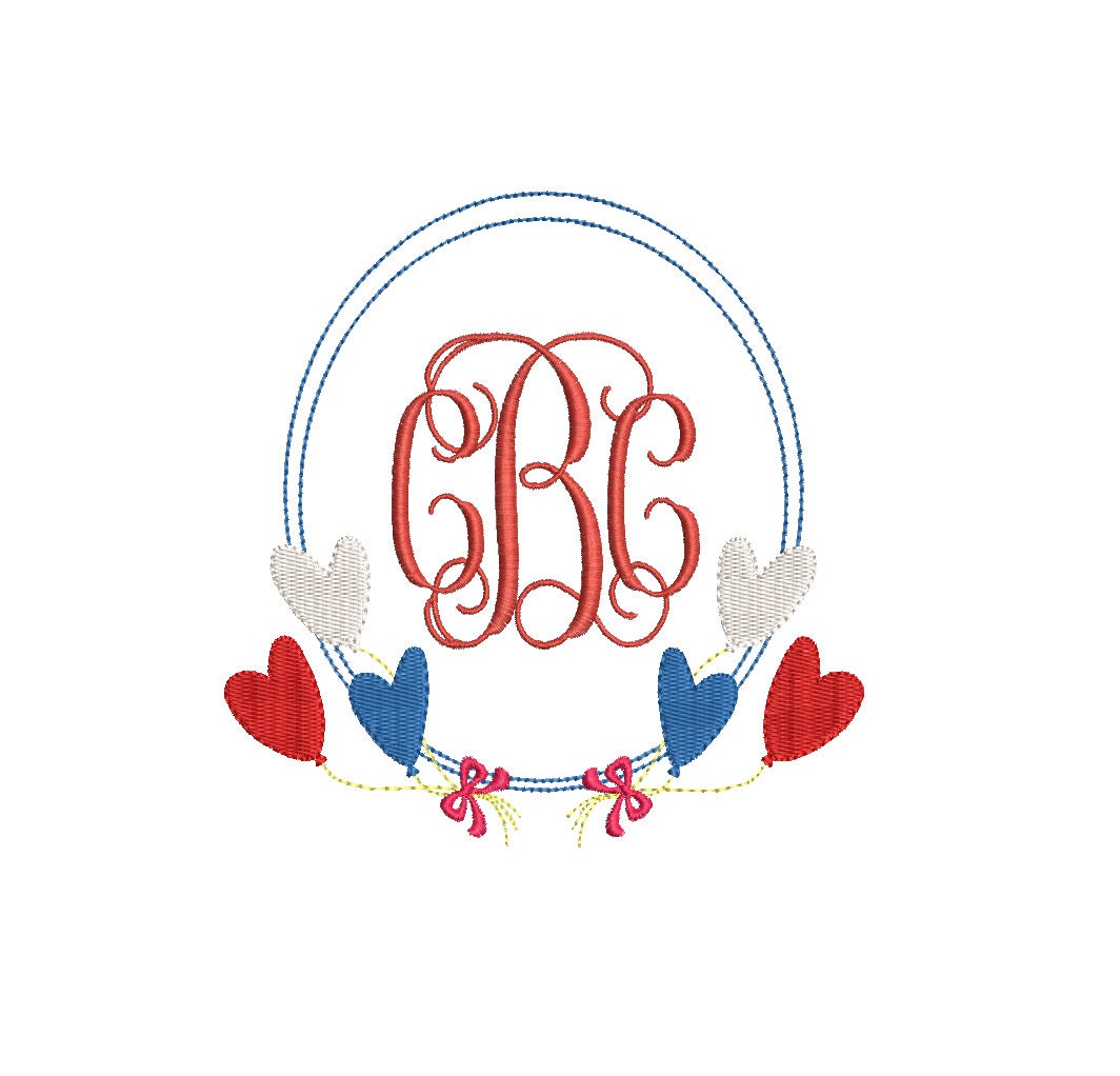 Monogram Frame Boho Heart Balloons Machine Embroidery Design 3 Sizes Classic Preppy