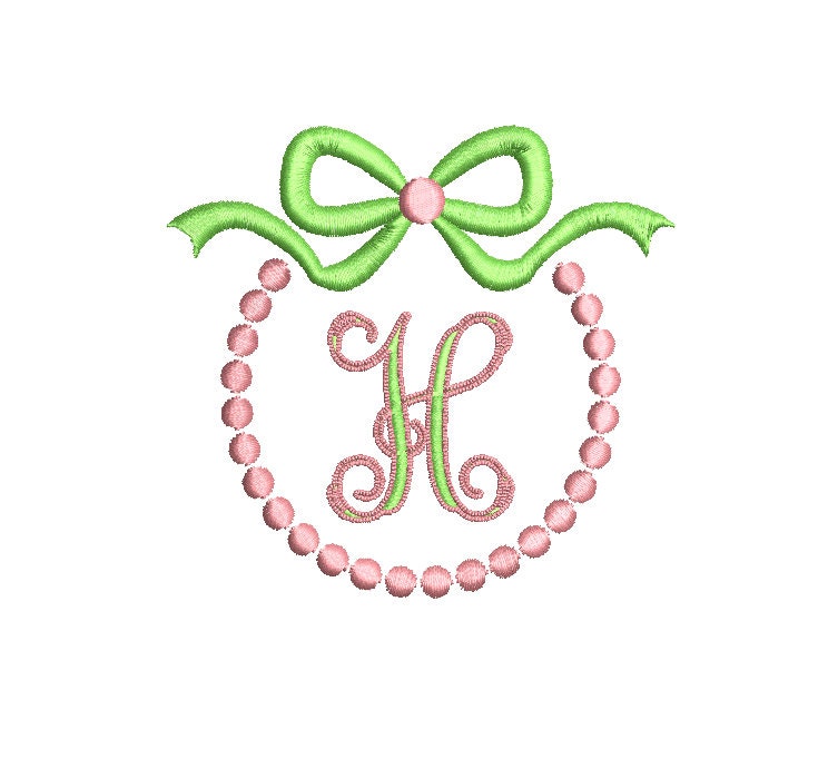 Pearls & Bow Monogram  Frame 4 Sizes Classic Preppy Machine Embroidery Design