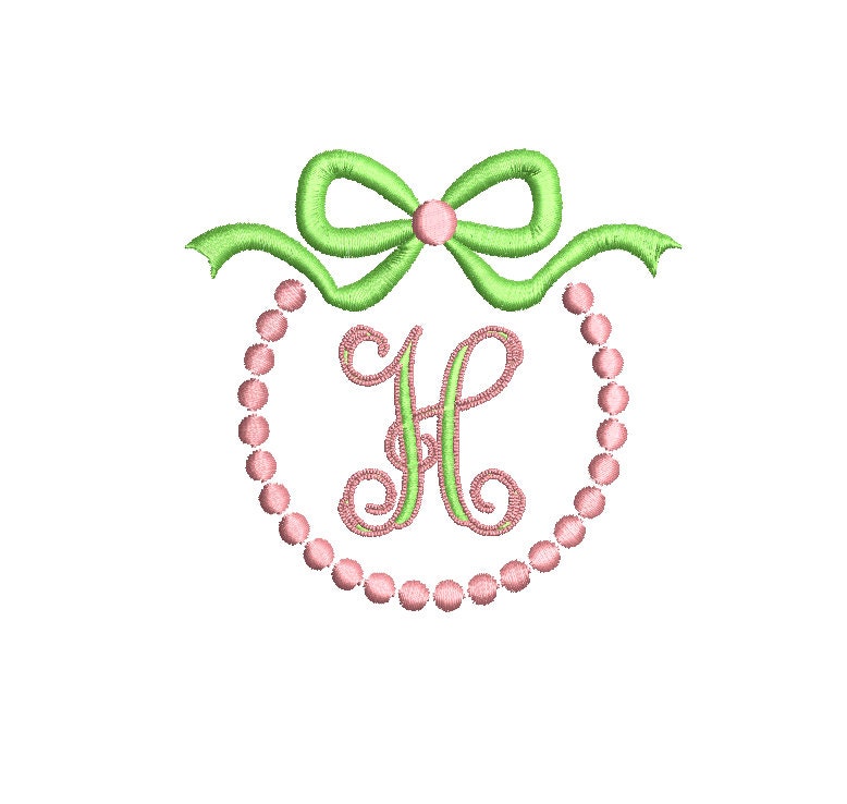 Pearls & Bow Monogram  Frame 4 Sizes Classic Preppy Machine Embroidery Design