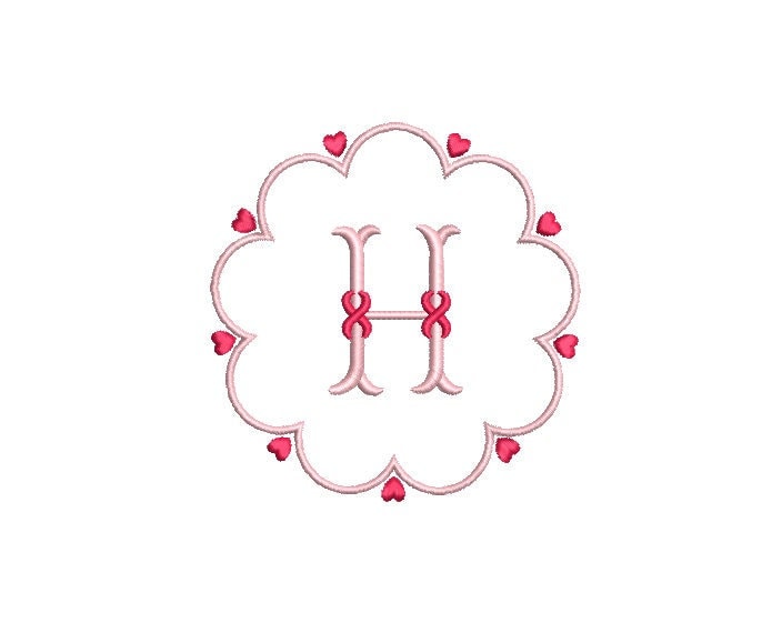 Scalloped with Hearts Monogram  Frame Machine Embroidery Design 3 Sizes Classic Preppy