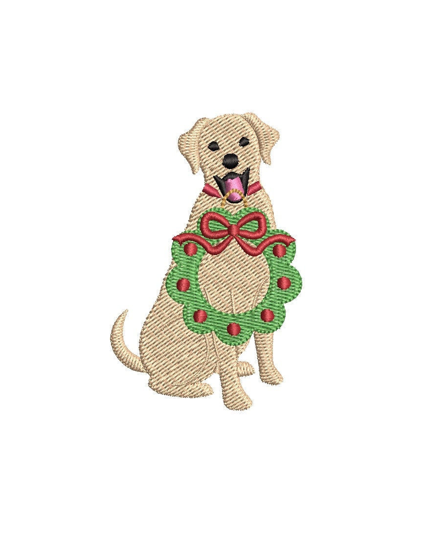 Happy Dog & Christmas Wreath, Machine Embroidery Design, 3 Sizes, PES DST JEF Incl Digital Instant Download