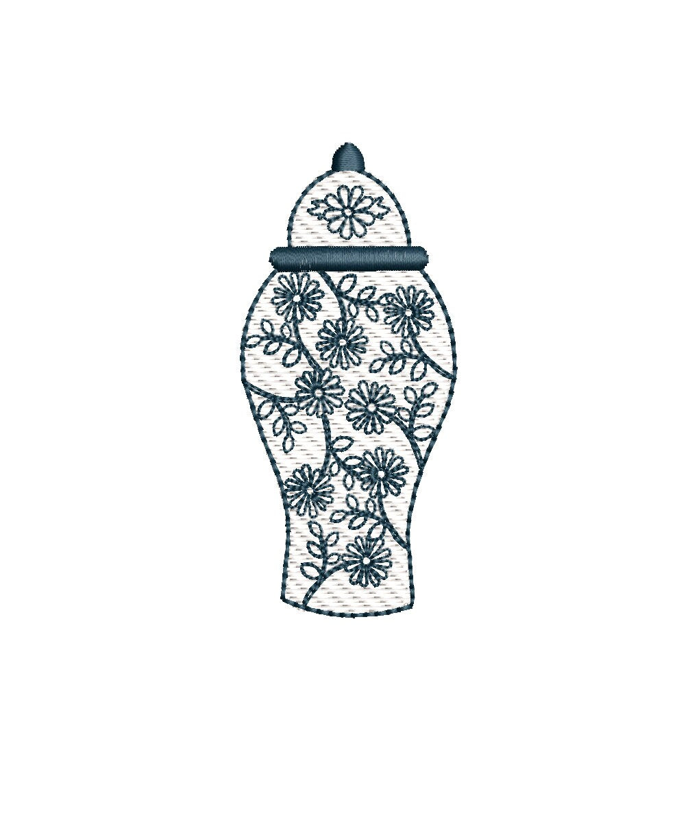 Chinoiserie Ginger Jar Sketch Machine Embroidery Design 3 Sizes  PES DST JEF++ Incl Digital Instant Download