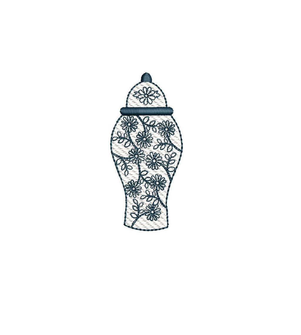 Chinoiserie Ginger Jar Sketch Machine Embroidery Design 3 Sizes  PES DST JEF++ Incl Digital Instant Download