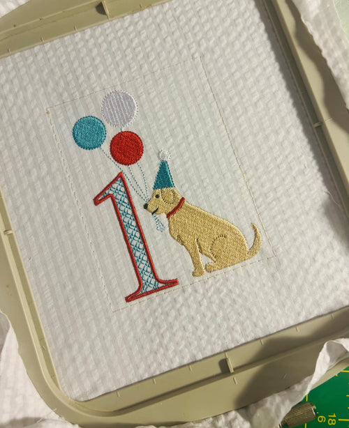 1st Birthday Party Dog & Balloons, Machine Embroidery Design, 5 Sizes, PES DST JEF Incl Digital Instant Download