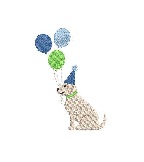 Birthday Party Dog & Balloons, Machine Embroidery Design, 5 Sizes, PES DST JEF Incl Digital Instant Download