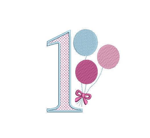 1st Birthday Girl Balloons Machine Embroidery Design PES DST JEF++ (Digital Instant Download)