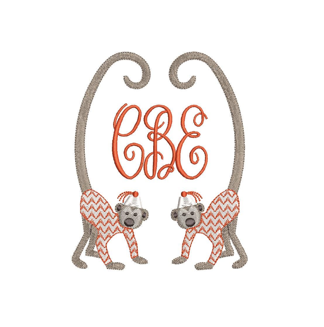 Chinoiserie Chic Double Long Tail Monkey Monogram Frame, Machine Embroidery Design, 5 Sizes, PES DST JEF Incl Digital Instant Download