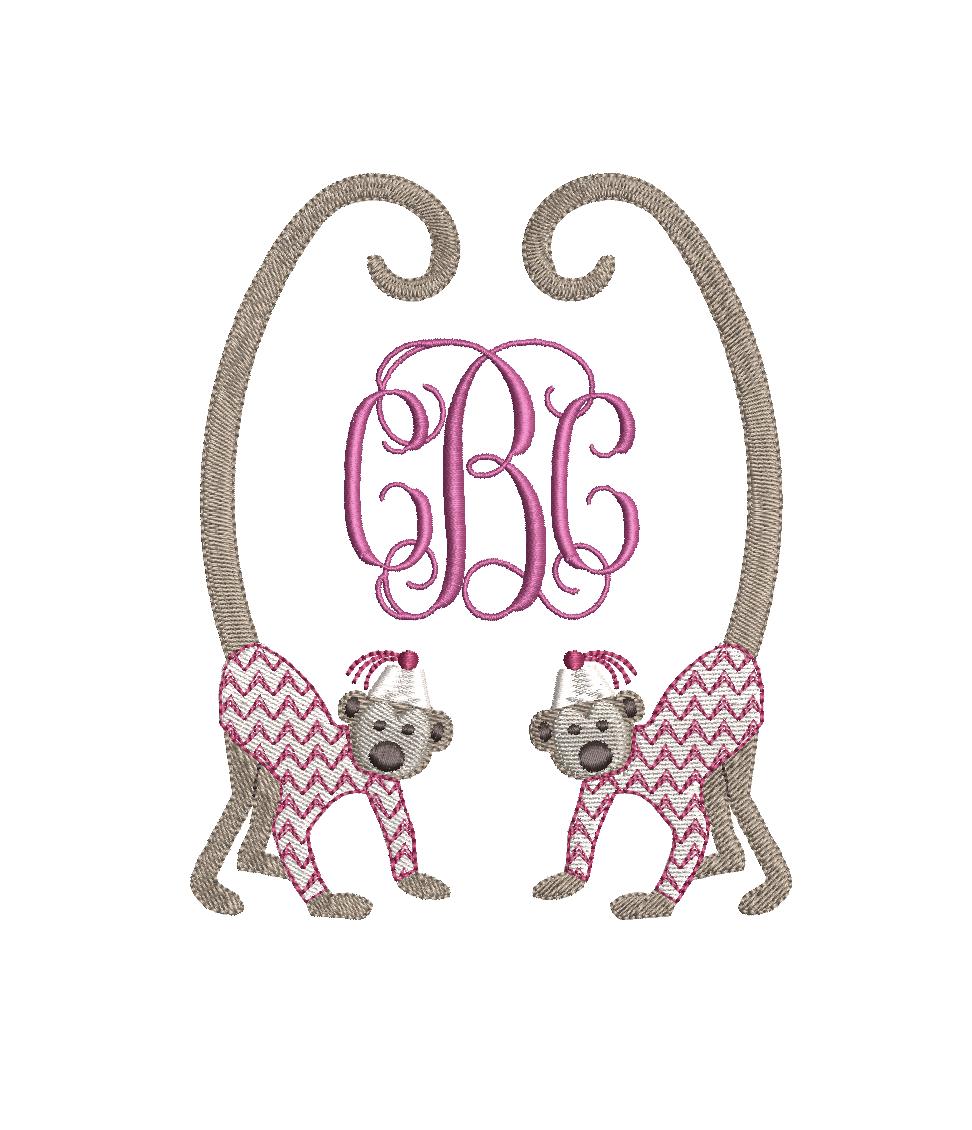 Chinoiserie Chic Double Long Tail Monkey Monogram Frame, Machine Embroidery Design, 5 Sizes, PES DST JEF Incl Digital Instant Download