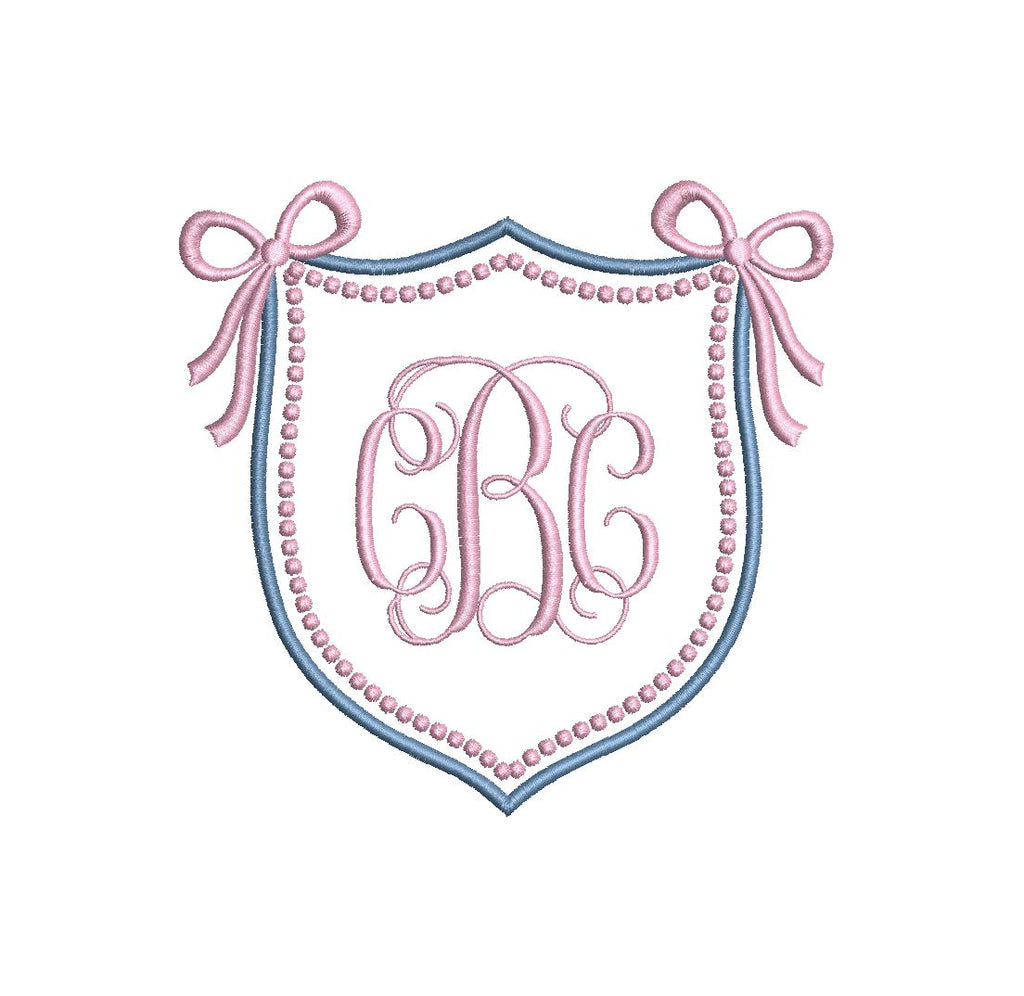 Crest Double Monogram Satin & Pearl Knot Frame with Bows, Machine Embroidery Design, 9 Sizes, PES DST JEF Incl Digital Instant Download