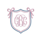 Crest Double Monogram Satin & Pearl Knot Frame with Bows, Machine Embroidery Design, 9 Sizes, PES DST JEF Incl Digital Instant Download