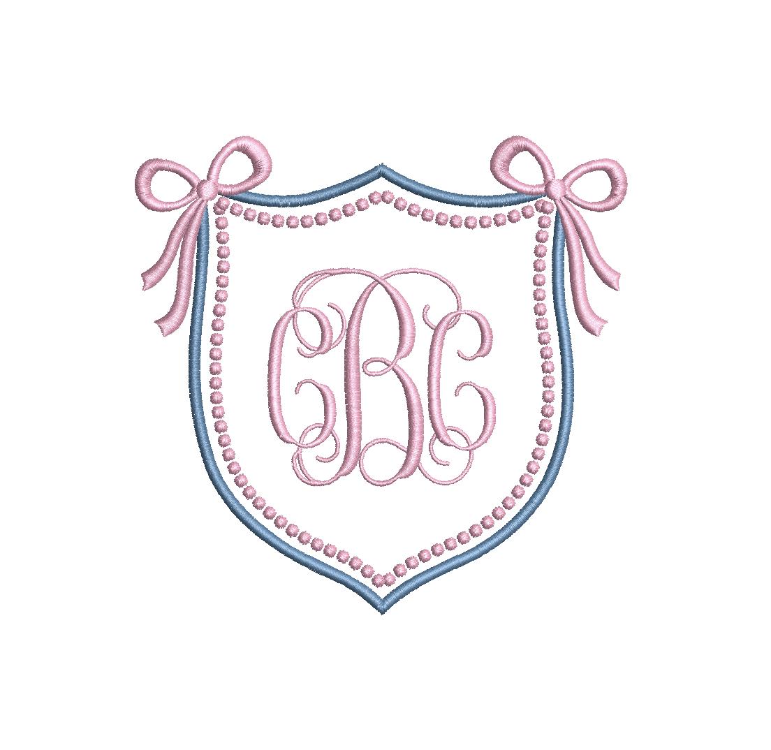 Crest Double Monogram Satin & Pearl Knot Frame with Bows, Machine Embroidery Design, 9 Sizes, PES DST JEF Incl Digital Instant Download