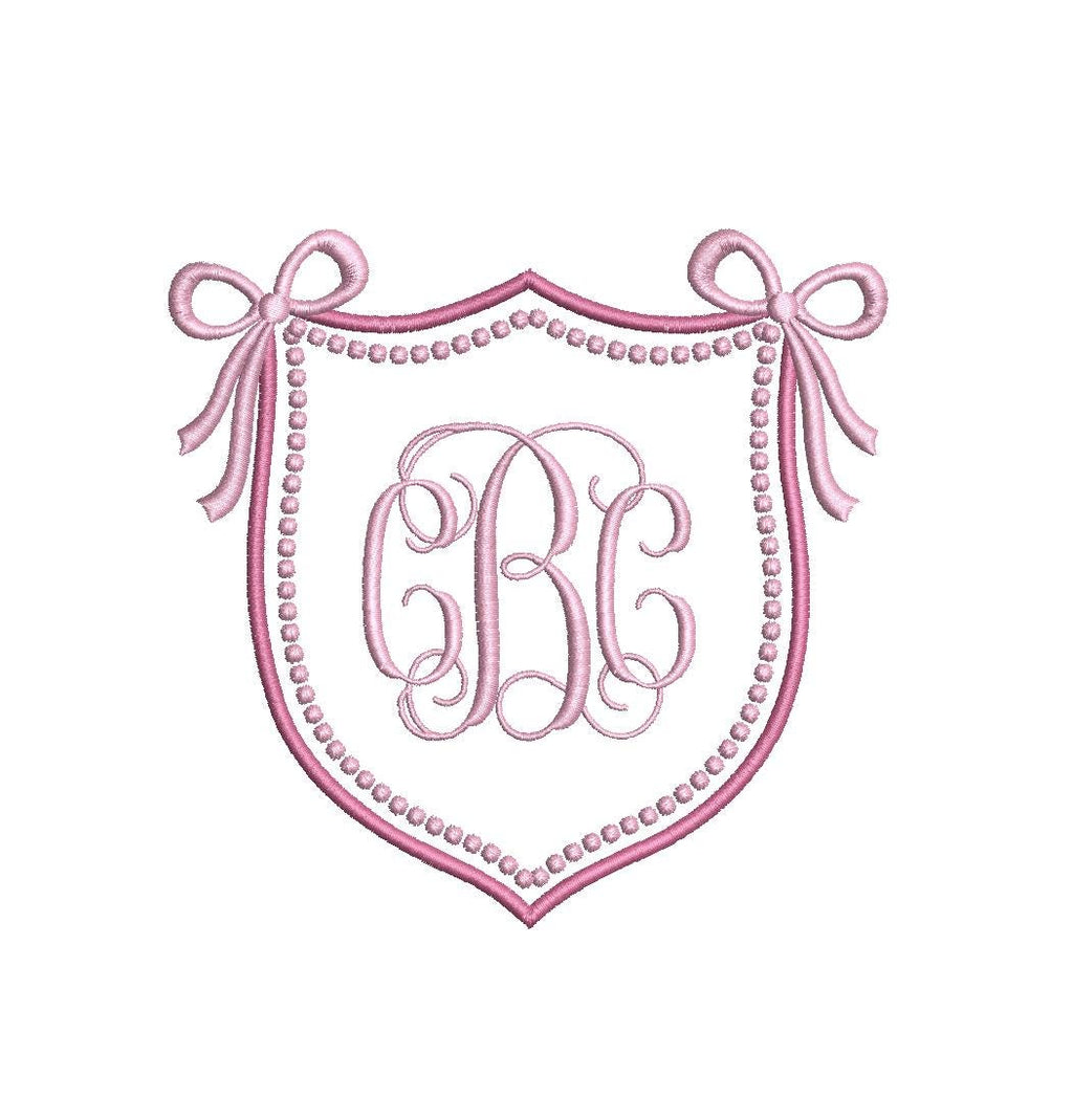 Crest Double Monogram Satin & Pearl Knot Frame with Bows, Machine Embroidery Design, 9 Sizes, PES DST JEF Incl Digital Instant Download