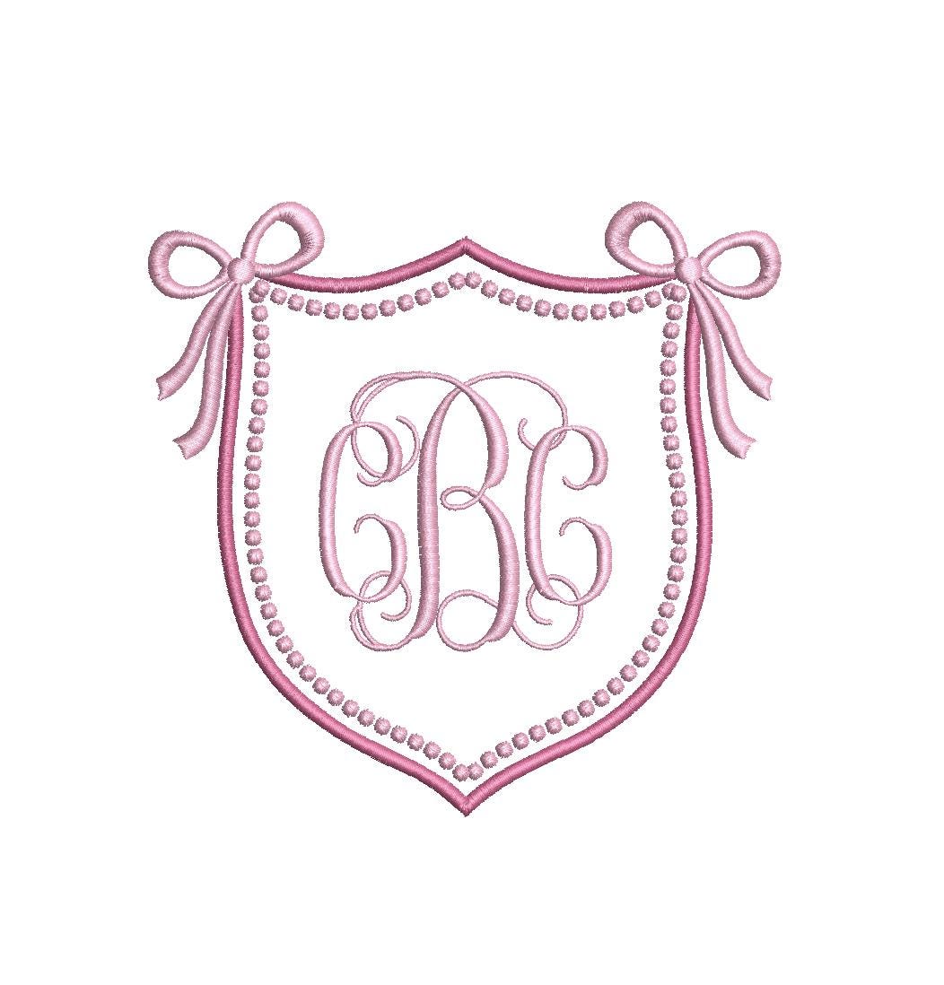 Crest Double Monogram Satin & Pearl Knot Frame with Bows, Machine Embroidery Design, 9 Sizes, PES DST JEF Incl Digital Instant Download