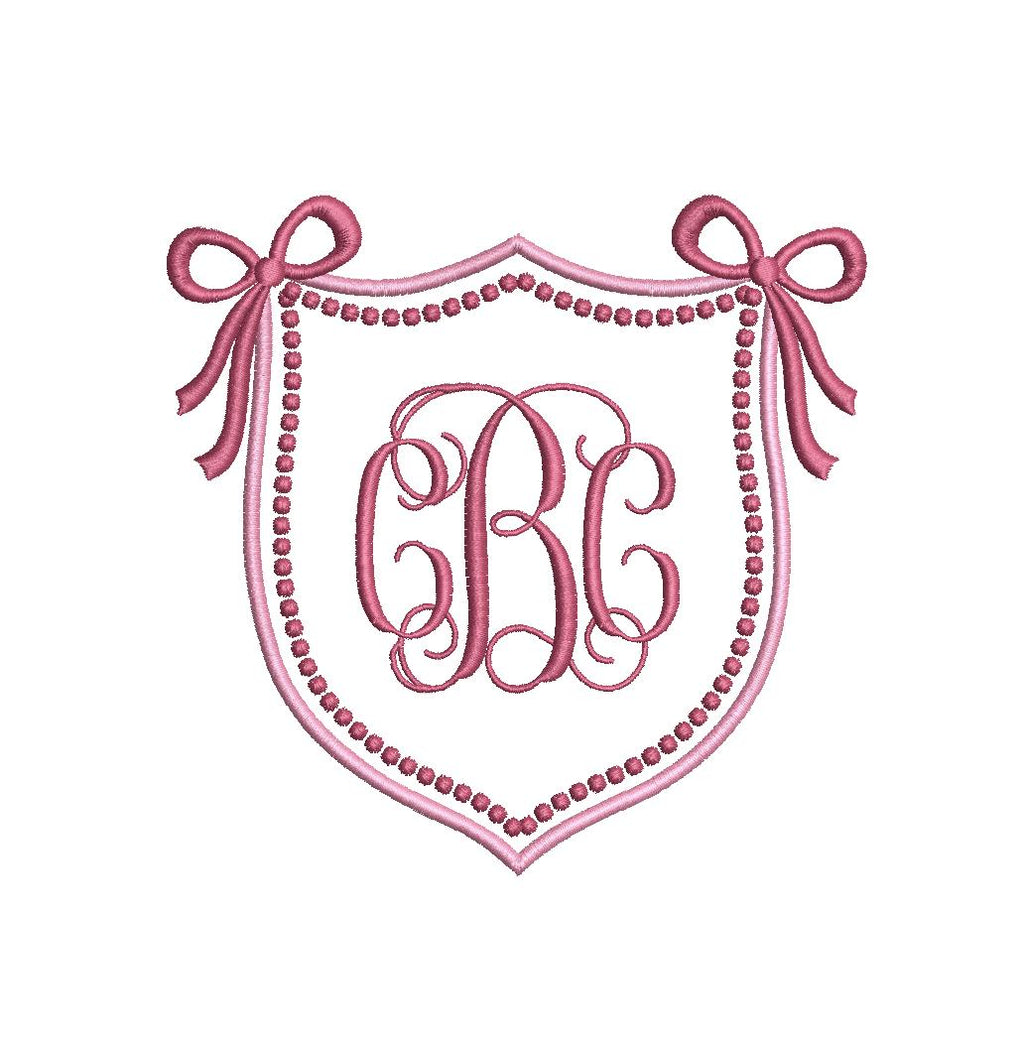 Crest Double Monogram Satin & Pearl Knot Frame with Bows, Machine Embroidery Design, 9 Sizes, PES DST JEF Incl Digital Instant Download