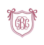 Crest Double Monogram Satin & Pearl Knot Frame with Bows, Machine Embroidery Design, 9 Sizes, PES DST JEF Incl Digital Instant Download