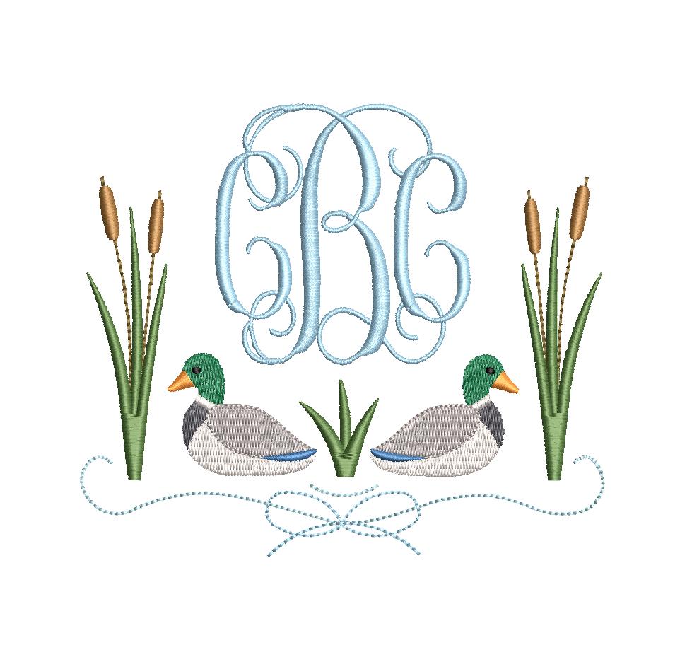 Mallard Ducks Girls Monogram Frame Embroidery Design with Cattails, Reeds (Digital Download, PES++)
