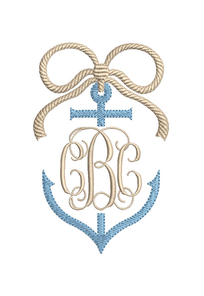 Anchor & Rope Embroidery Design: Nautical Split Monogram Bow Frame (Digital Download, PES++)
