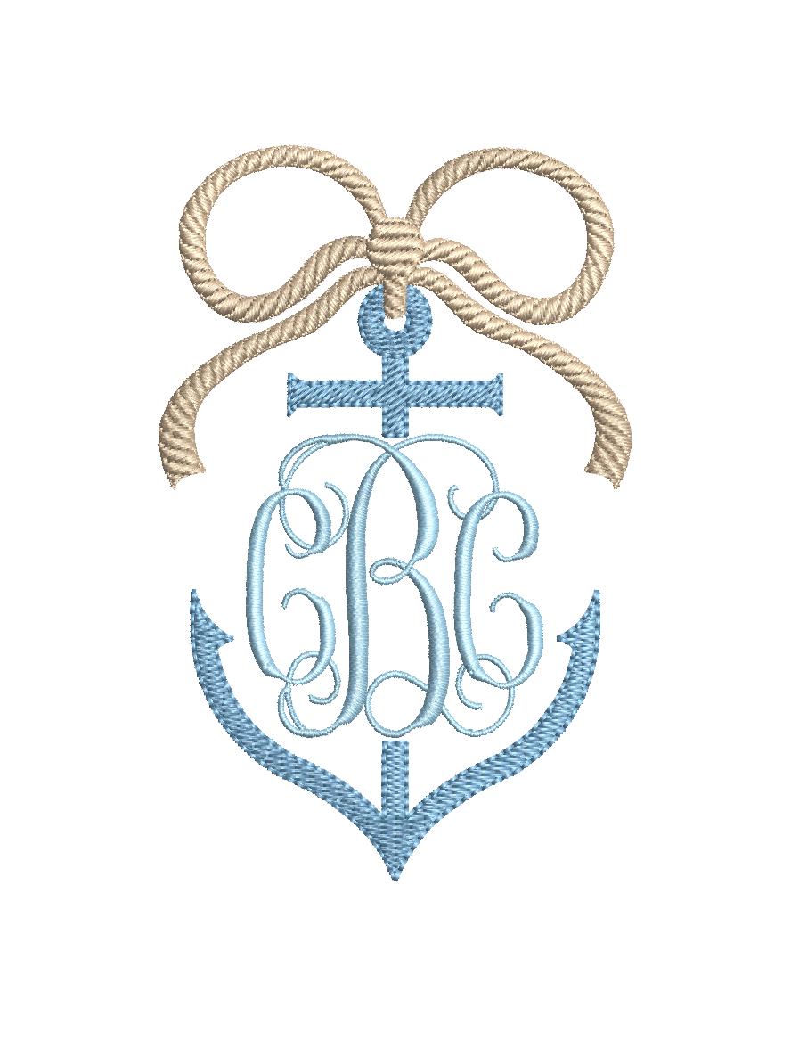 Anchor & Rope Embroidery Design: Nautical Split Monogram Bow Frame (Digital Download, PES++)