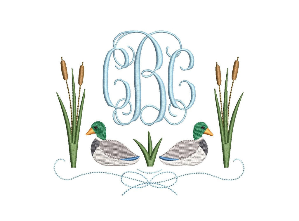 Mallard Ducks Girls Monogram Frame Embroidery Design with Cattails, Reeds (Digital Download, PES++)