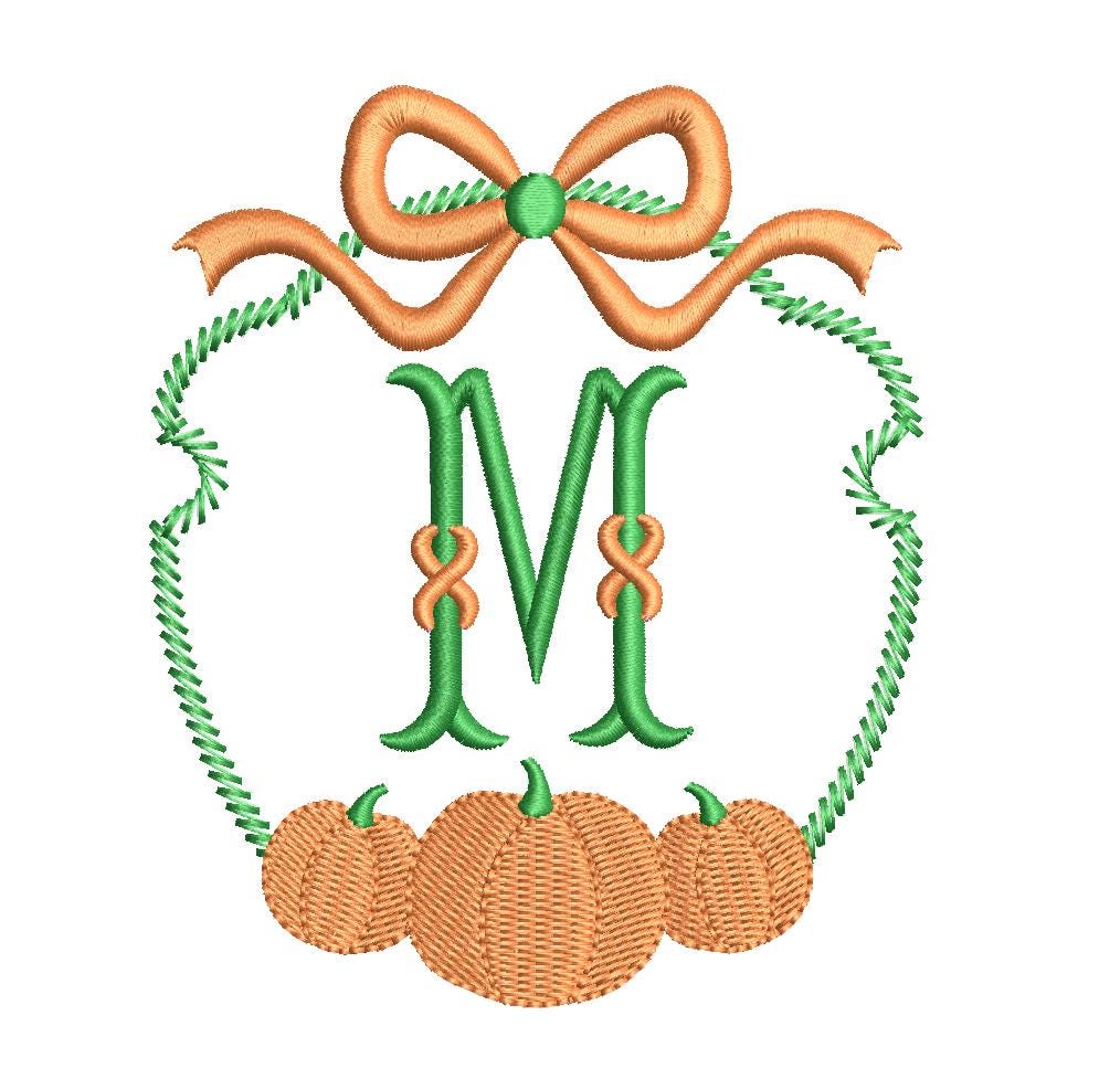 Pumpkin Trio Monogram or Name Frame with Bow, Machine Embroidery Design, 5 Sizes, PES DST JEF Incl Digital Instant Download
