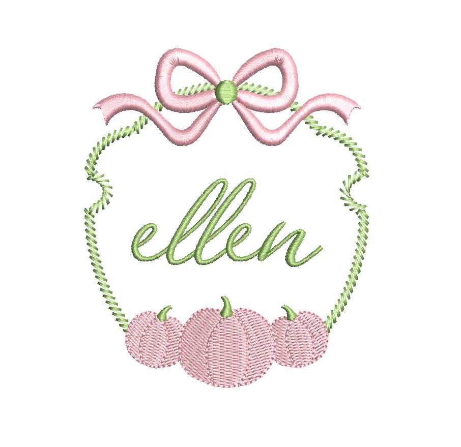 Pumpkin Trio Monogram or Name Frame with Bow, Machine Embroidery Design, 5 Sizes, PES DST JEF Incl Digital Instant Download