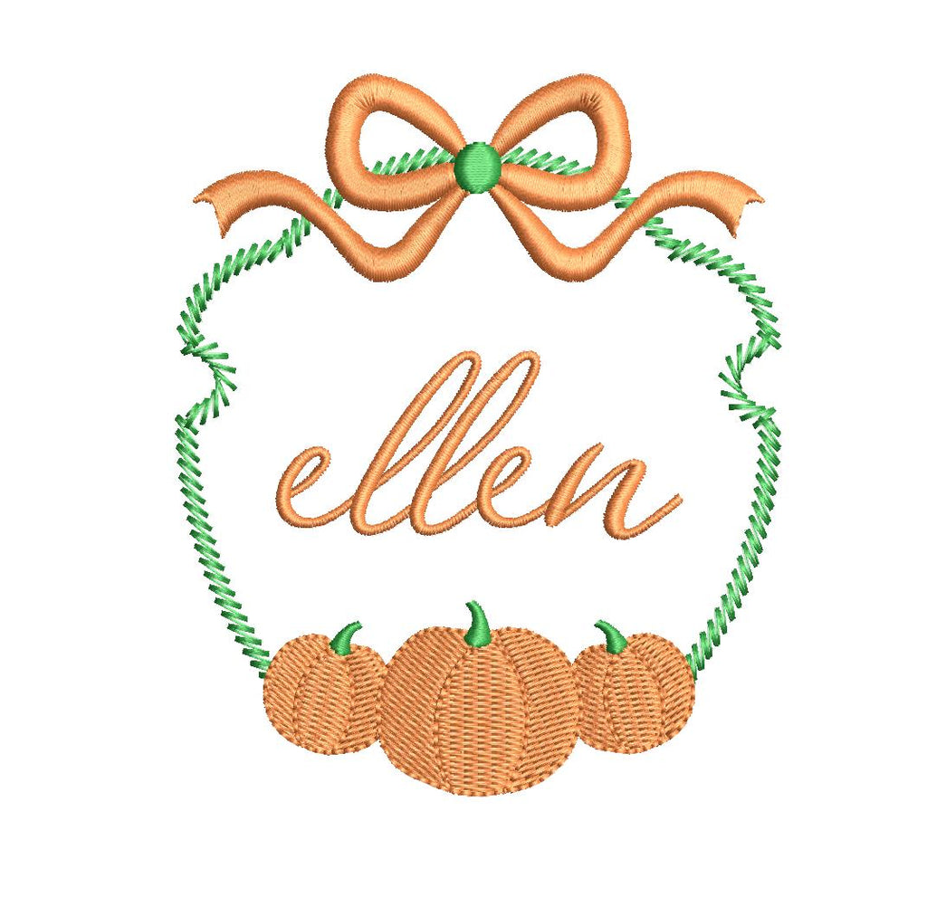 Pumpkin Trio Monogram or Name Frame with Bow, Machine Embroidery Design, 5 Sizes, PES DST JEF Incl Digital Instant Download