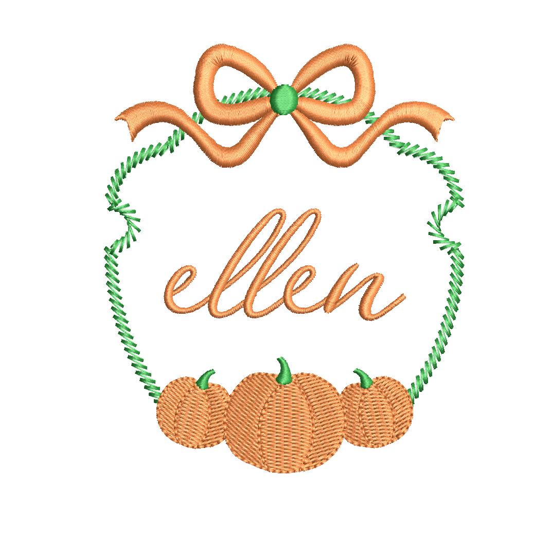 Pumpkin Trio Monogram or Name Frame with Bow, Machine Embroidery Design, 5 Sizes, PES DST JEF Incl Digital Instant Download