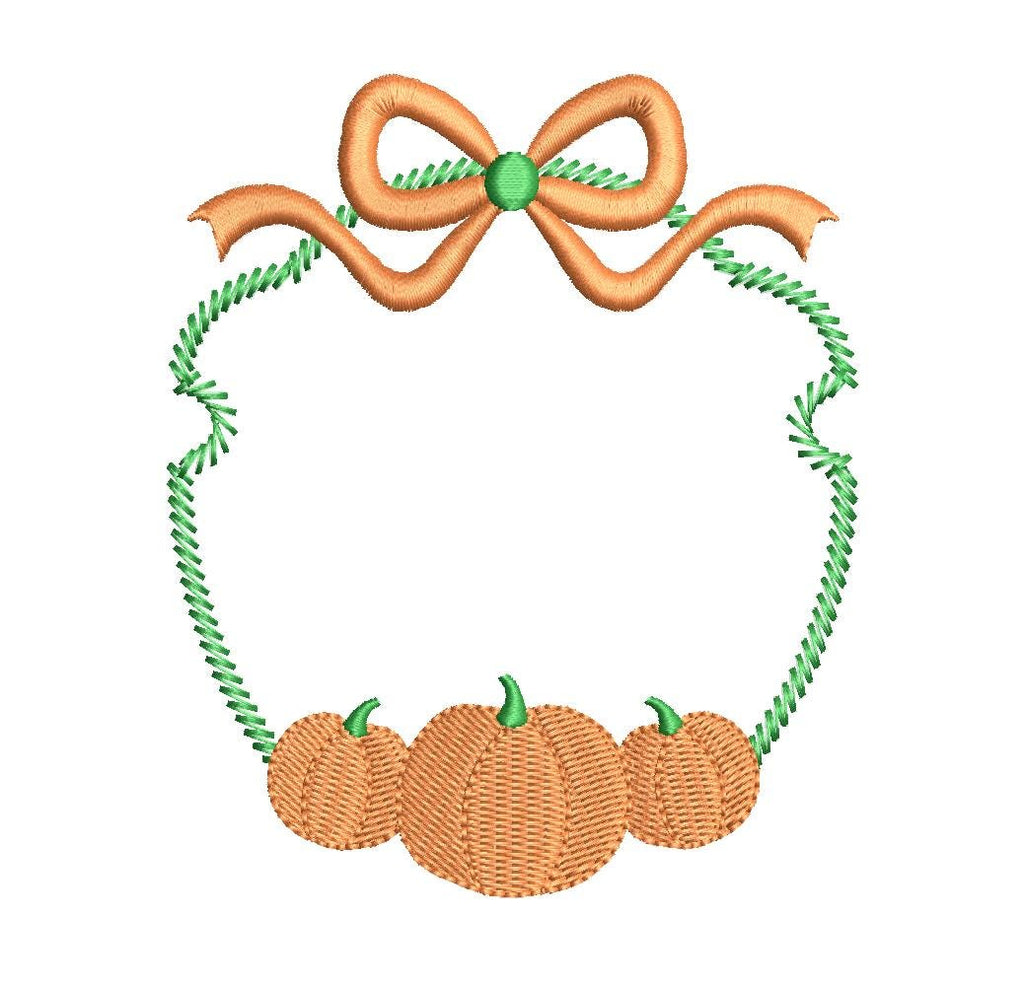 Pumpkin Trio Monogram or Name Frame with Bow, Machine Embroidery Design, 5 Sizes, PES DST JEF Incl Digital Instant Download