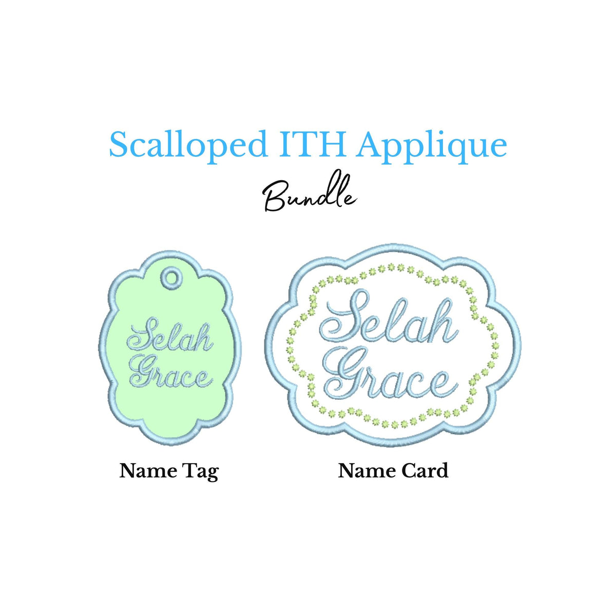 In The Hoop Satin Applique Scalloped Name Card & Bag Tag Set, for Machine Embroidery, 3 Sizes PES++ Incl Digital Instant Download