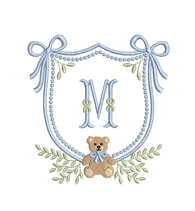 Teddy Bear Crest with Bows Ivy Greenery Monogram Frame, Machine Embroidery Design, 7 Sizes, PES DST+++ Incl Digital Instant Download