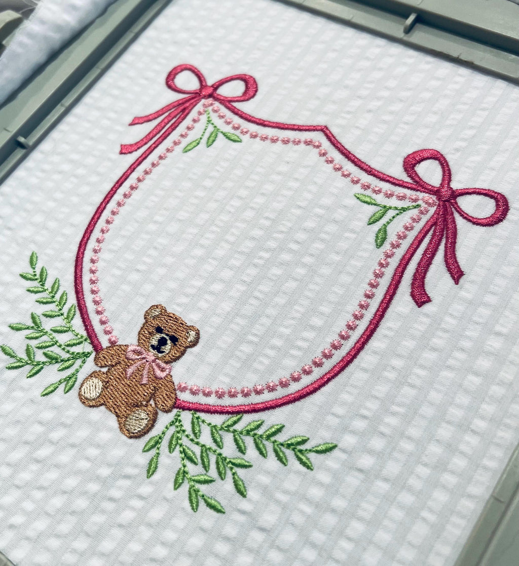 Teddy Bear Crest with Bows Ivy Greenery Monogram Frame, Machine Embroidery Design, 7 Sizes, PES DST+++ Incl Digital Instant Download