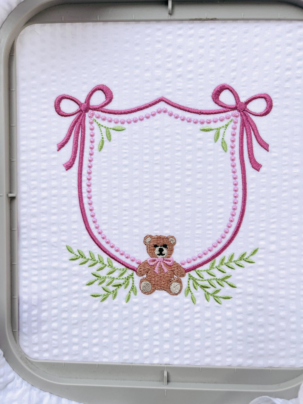 Teddy Bear Crest with Bows Ivy Greenery Monogram Frame, Machine Embroidery Design, 7 Sizes, PES DST+++ Incl Digital Instant Download