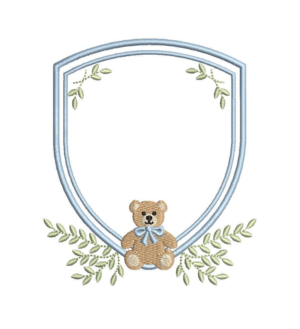 Teddy Bear Crest with Ivy Greenery Shield Monogram Frame, Machine Embroidery Design, 7 Sizes, PES DST+++ Incl Digital Instant Download