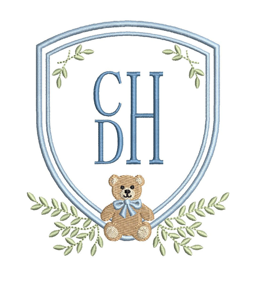 Teddy Bear Crest with Ivy Greenery Shield Monogram Frame, Machine Embroidery Design, 7 Sizes, PES DST+++ Incl Digital Instant Download