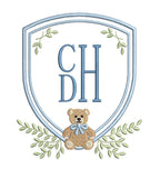 Teddy Bear Crest with Ivy Greenery Shield Monogram Frame, Machine Embroidery Design, 7 Sizes, PES DST+++ Incl Digital Instant Download