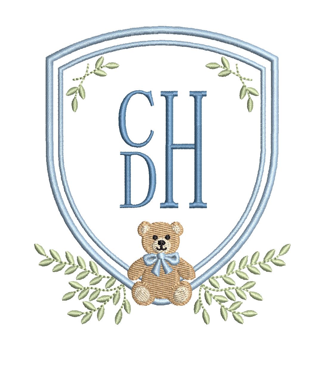 Teddy Bear Crest with Ivy Greenery Shield Monogram Frame, Machine Embroidery Design, 7 Sizes, PES DST+++ Incl Digital Instant Download