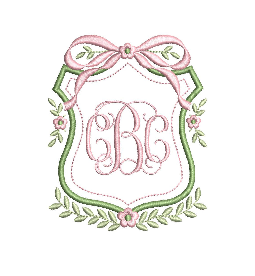 Heirloom Crest Satin Bow Floral Vine Monogram Frame, Machine Embroidery Design, 7 Sizes, PES DST JEF++ Incl Digital Instant Download