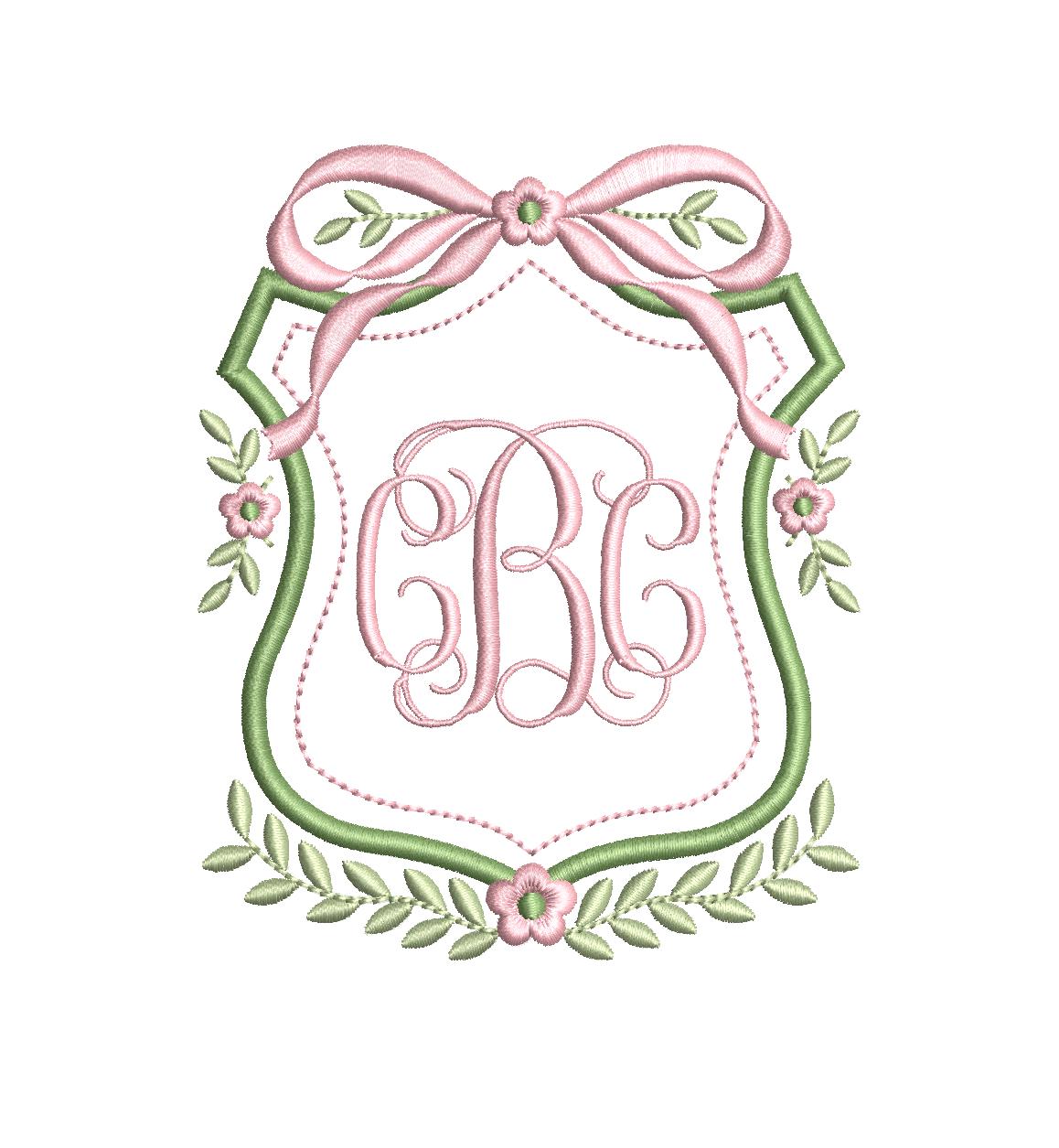Heirloom Crest Satin Bow Floral Vine Monogram Frame, Machine Embroidery Design, 7 Sizes, PES DST JEF++ Incl Digital Instant Download