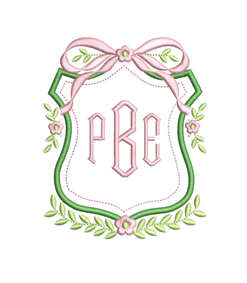 Heirloom Crest Satin Bow Floral Vine Monogram Frame, Machine Embroidery Design, 7 Sizes, PES DST JEF++ Incl Digital Instant Download