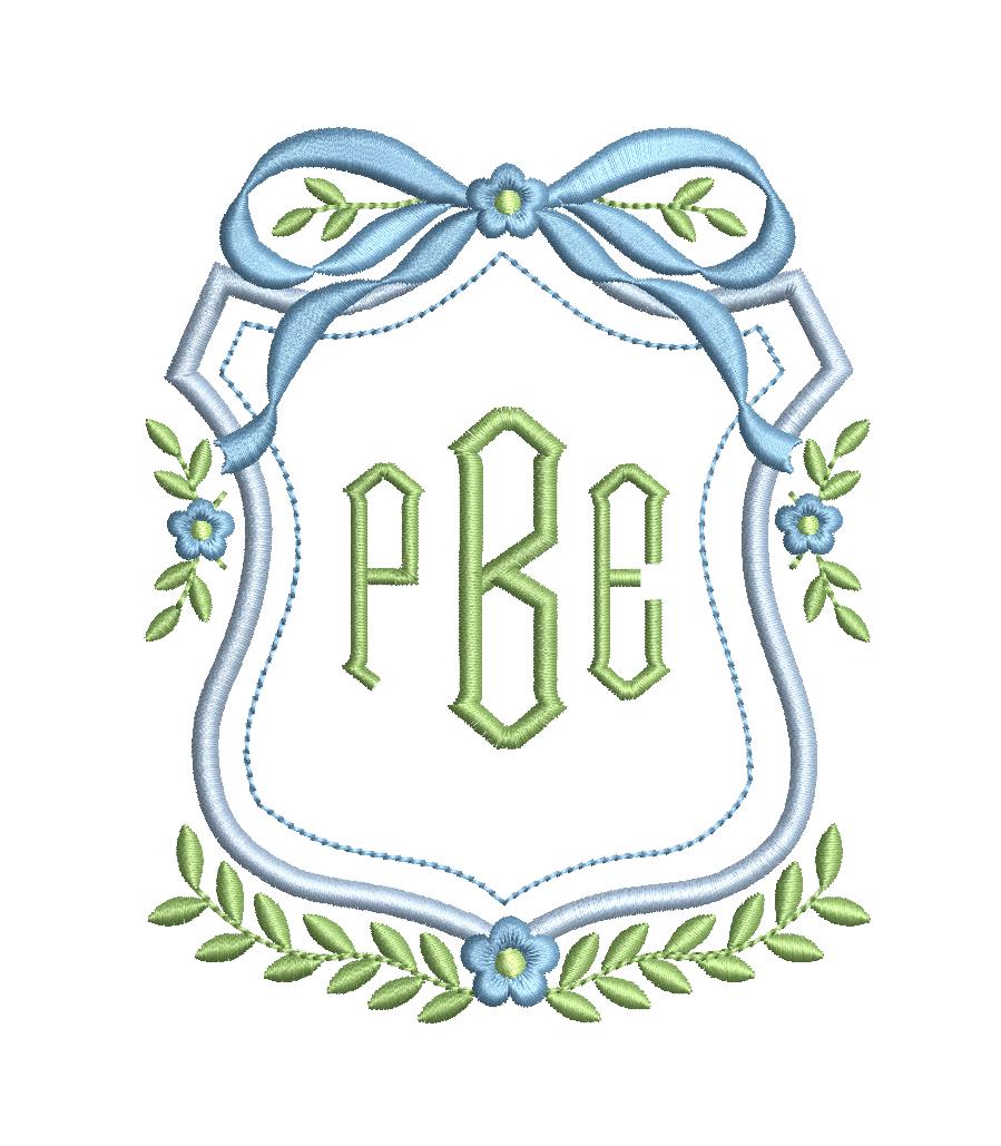 Heirloom Crest Satin Bow Floral Vine Monogram Frame, Machine Embroidery Design, 7 Sizes, PES DST JEF++ Incl Digital Instant Download