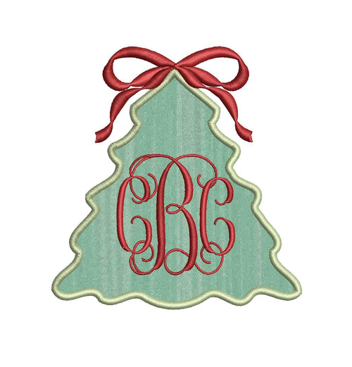 Applique Christmas Tree & Bow Crest Monogram Frame, Machine Embroidery Design, 6 Sizes, PES DST+++ Incl Digital Instant Download