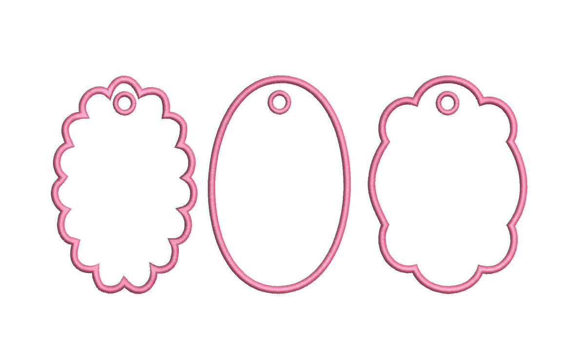 In The Hoop Trio Oval & Scalloped Tags or Ornaments, Machine Embroidery Designs, 4 Sizes, PES DST+++ Incl Digital Instant Download