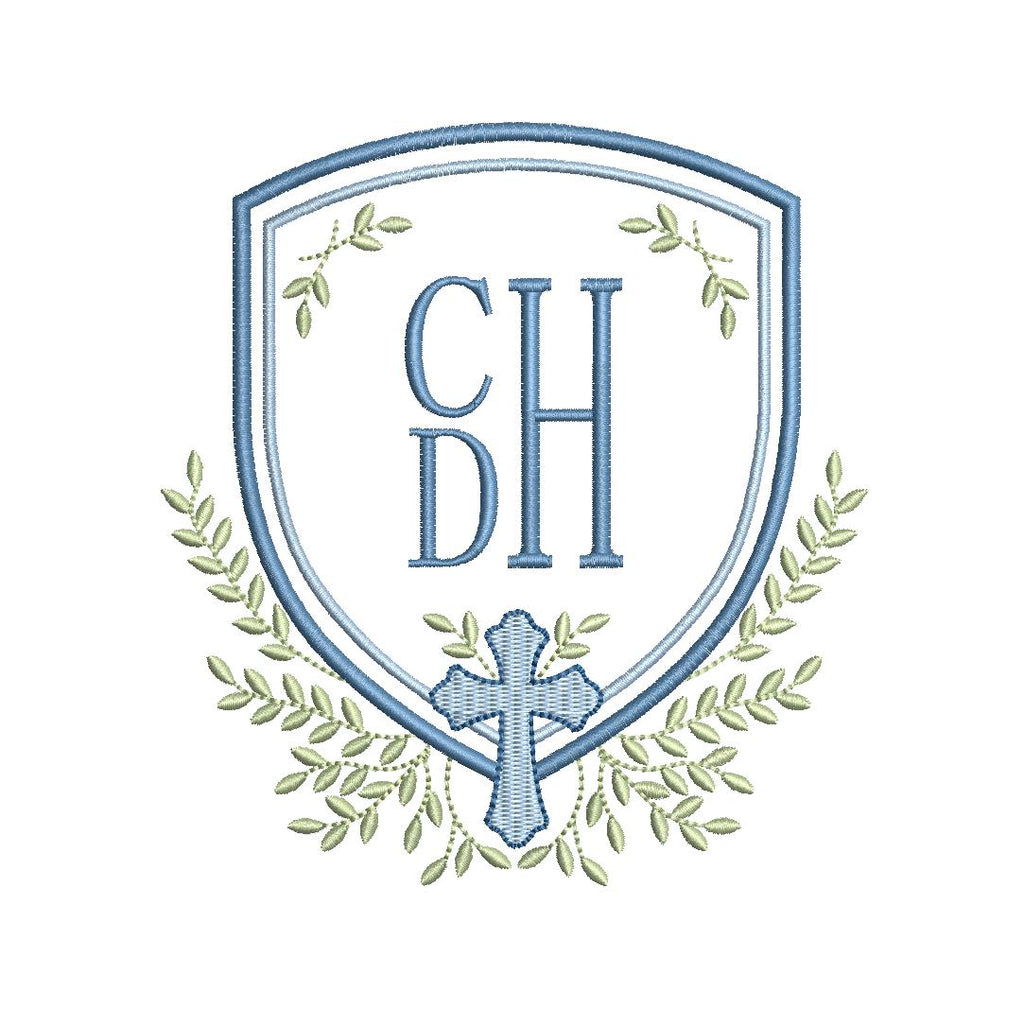 Heirloom Christian Cross Crest & Greenery Monogram Frame, Machine Embroidery Design, 7 Sizes, PES DST+++ Incl Digital Instant Download