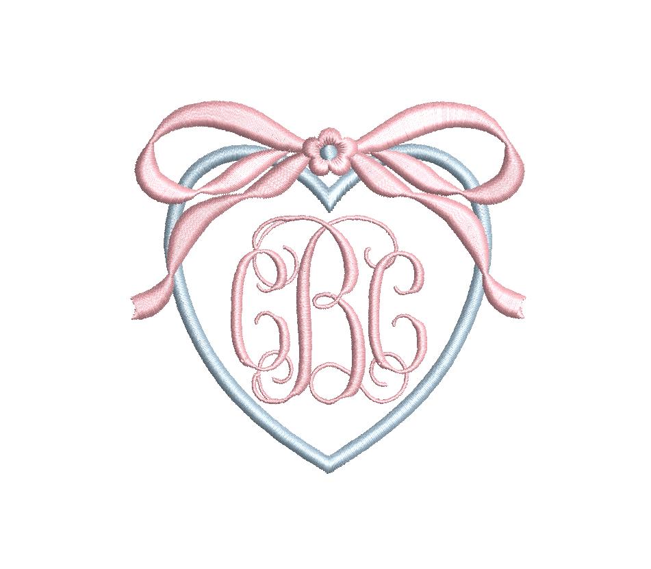 Applique Heart & Large Bow Monogram Frame, Two-Color Machine Embroidery Design, 7 sizes PES DST JEF+++